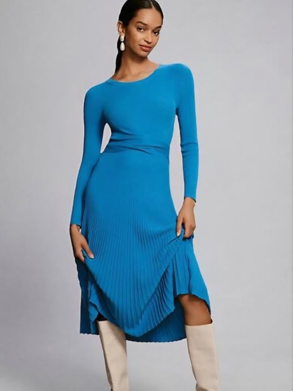 Anthropologie Long Sleeve Blue Ribbed Sweater Midi Dress size xs